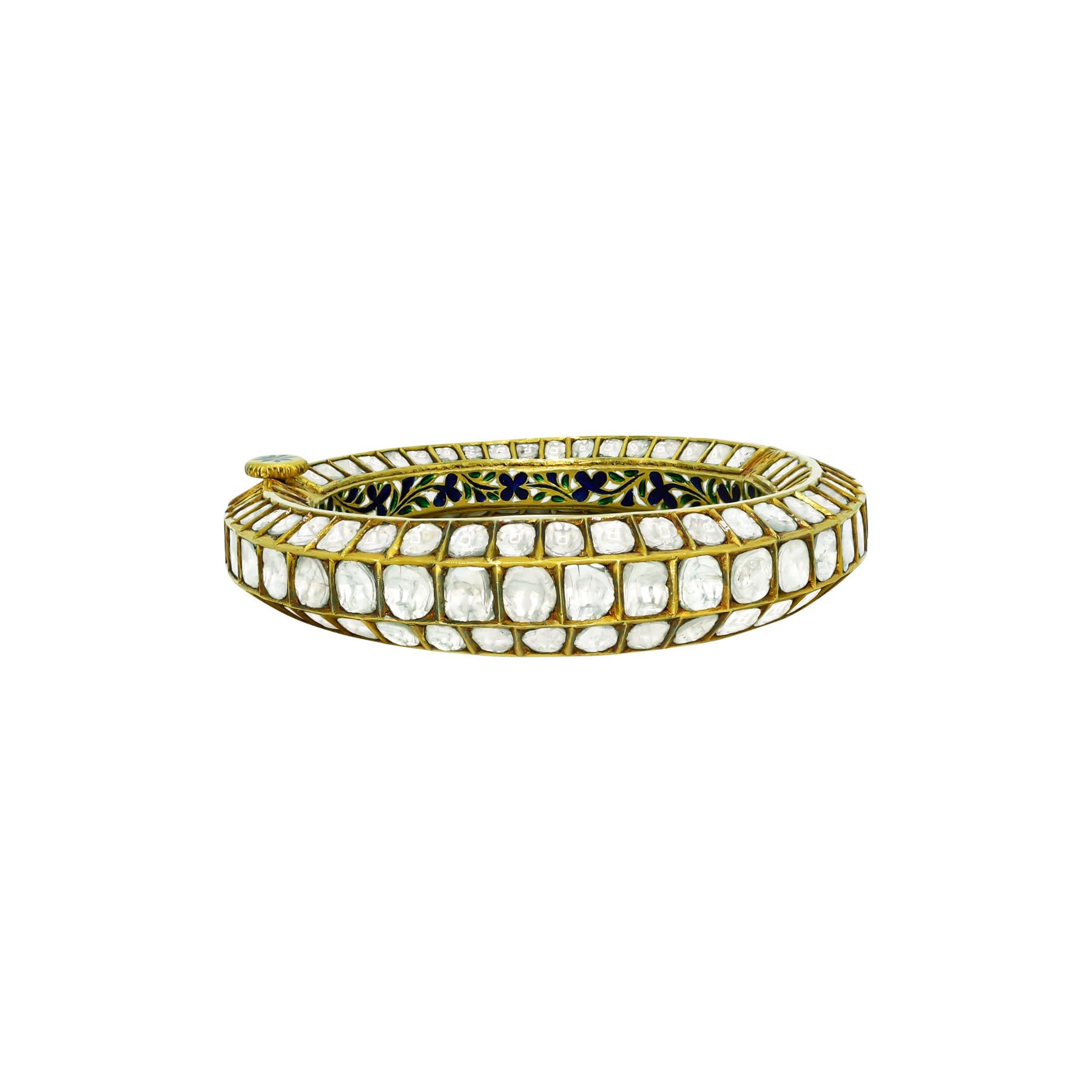 Triple-Row Polki Bangle with Blue Floral Enamel Detail